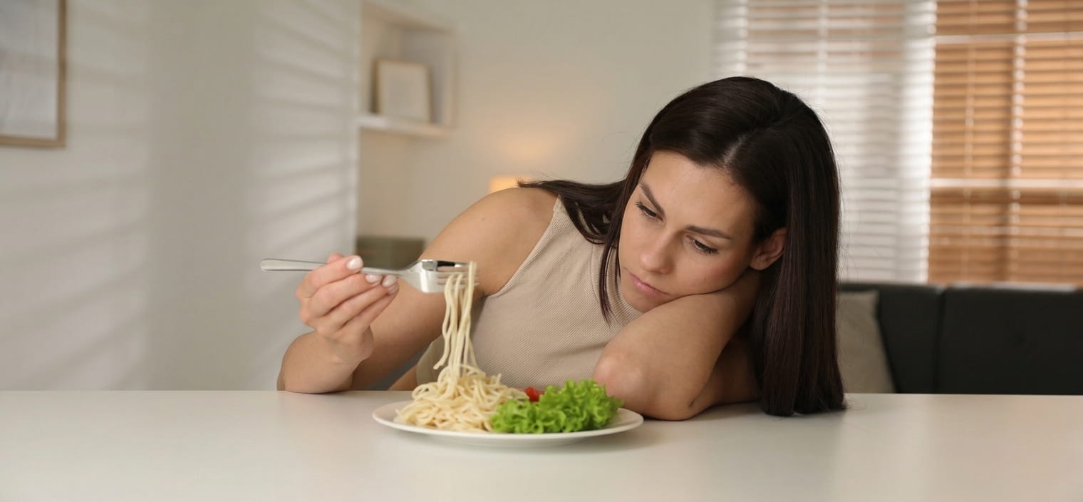 Woman looking at food with concern, a possible sign of disordered eating