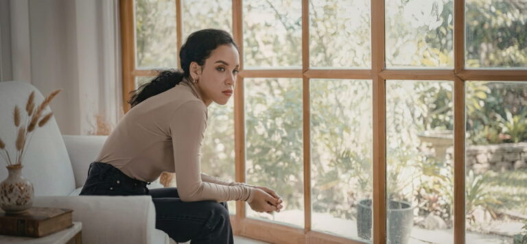 Woman sitting by a window reflecting on emotions and trauma responses