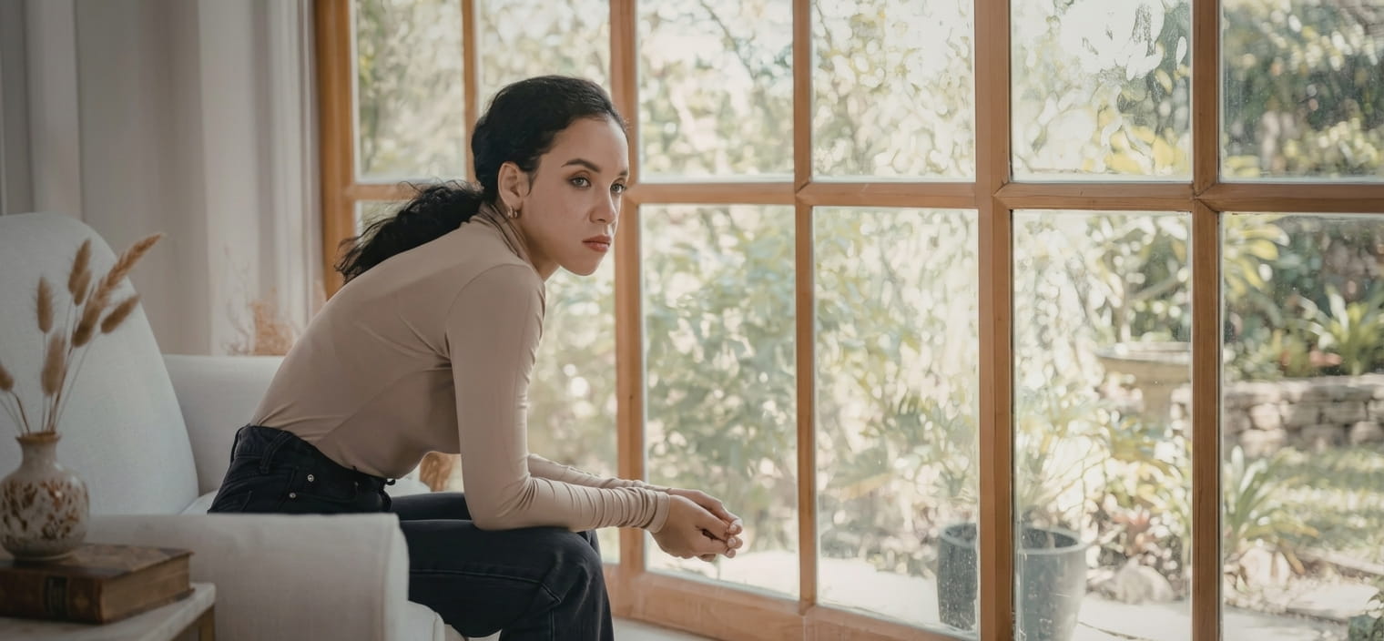 Woman sitting by a window reflecting on emotions and trauma responses